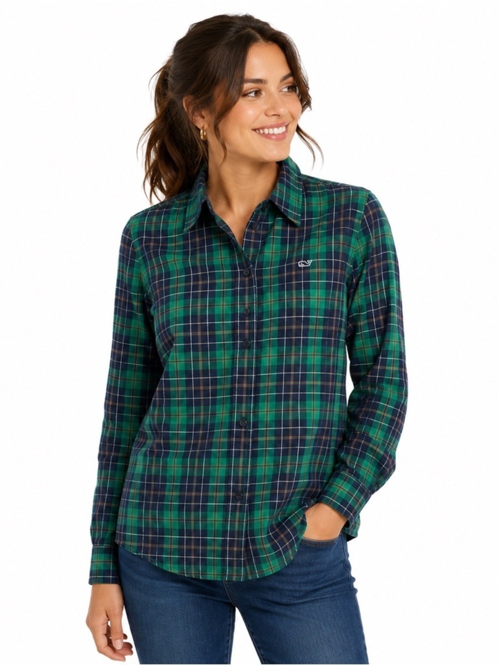 Vinyard Vines Women's Green Plaid Long Sleeve Casual Button Down Dress Shirt